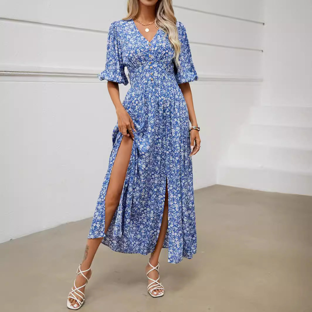 V-neck Lantern Sleeve Waist-tight Dress Seaside Bohemian Style