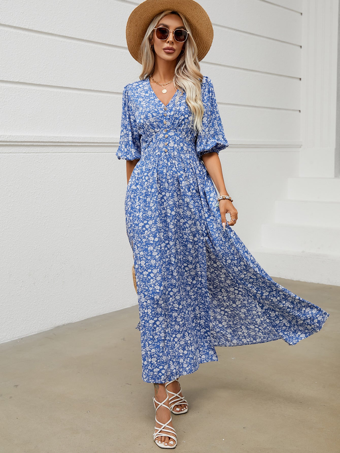 V-neck Lantern Sleeve Waist-tight Dress Seaside Bohemian Style