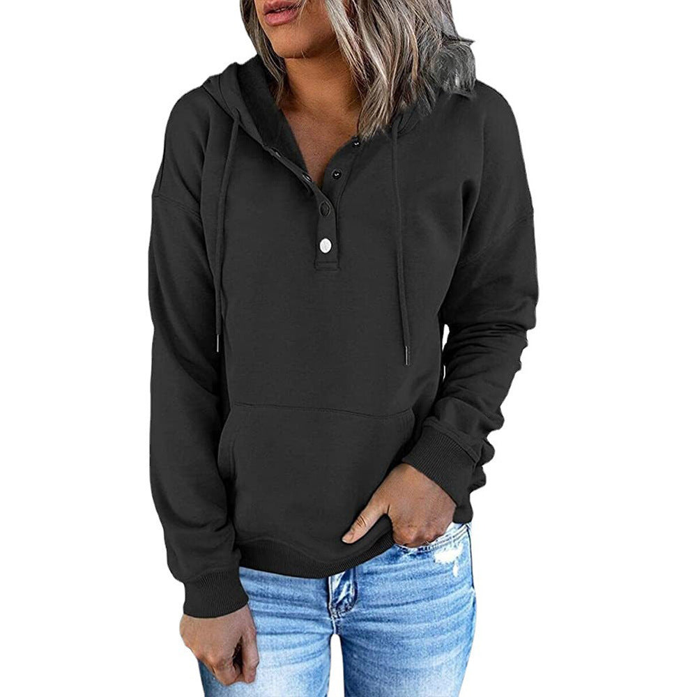 Casual Button Drawstring Design Hoodie Top Spring Sports Clothing For Women