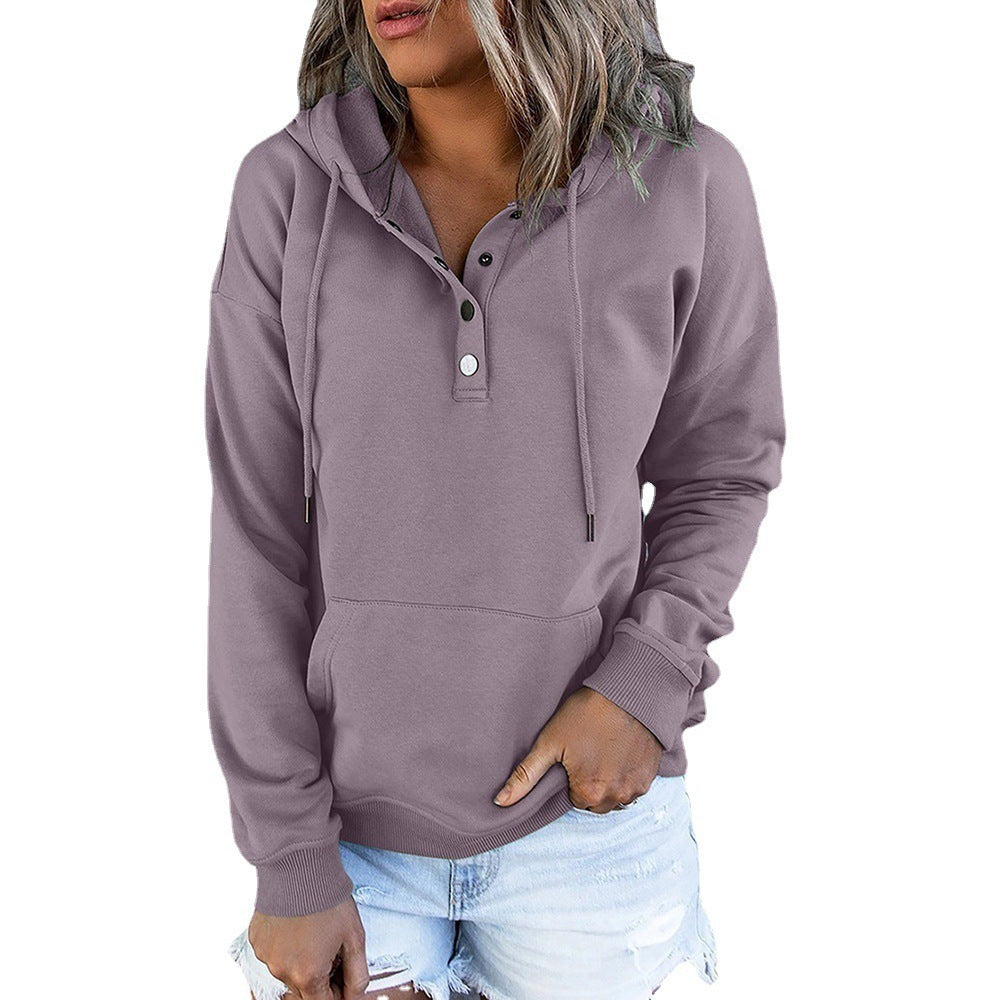 Casual Button Drawstring Design Hoodie Top Spring Sports Clothing For Women