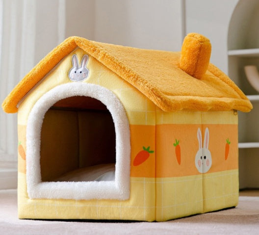 Foldable Warm Pet Bed - Cozy Winter Dog & Cat House with Removable Cushion