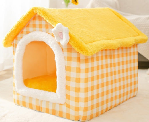 Foldable Warm Pet Bed - Cozy Winter Dog & Cat House with Removable Cushion