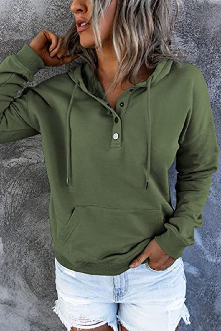 Casual Button Drawstring Design Hoodie Top Spring Sports Clothing For Women