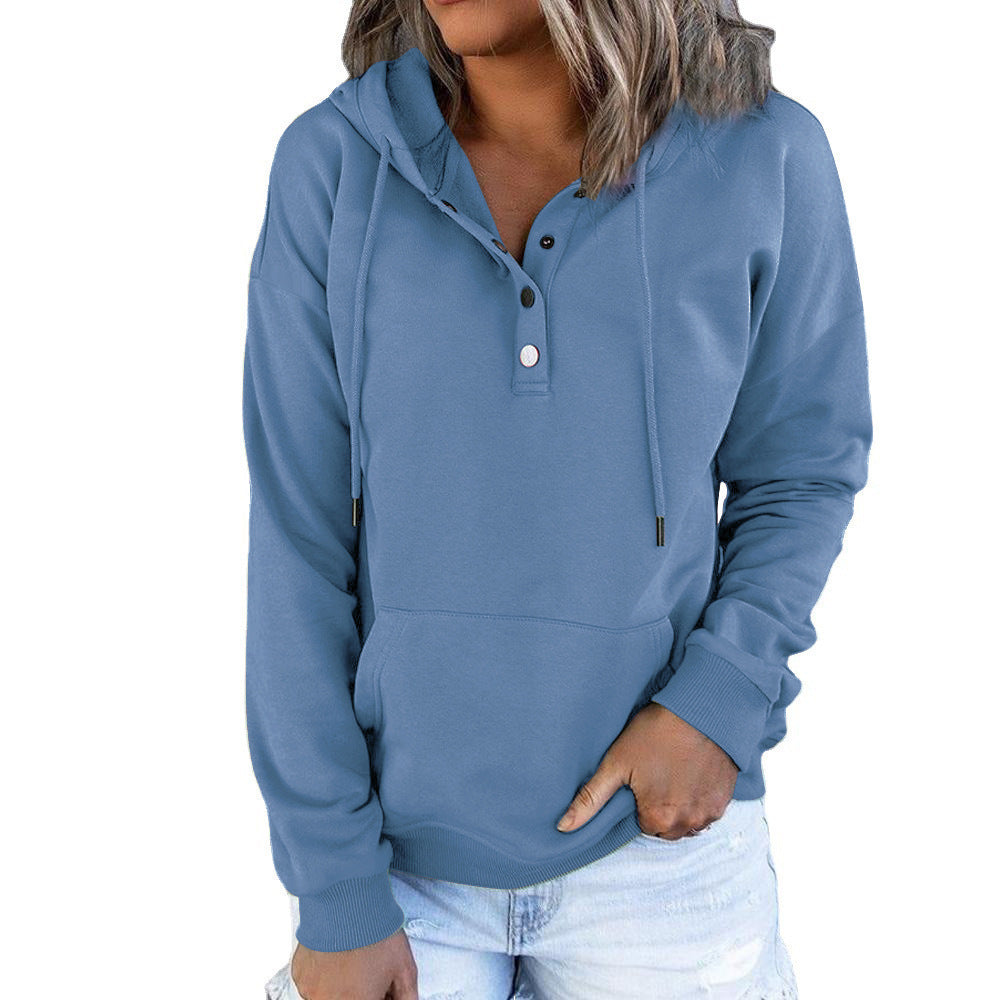 Casual Button Drawstring Design Hoodie Top Spring Sports Clothing For Women