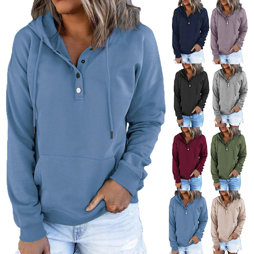 Casual Button Drawstring Design Hoodie Top Spring Sports Clothing For Women