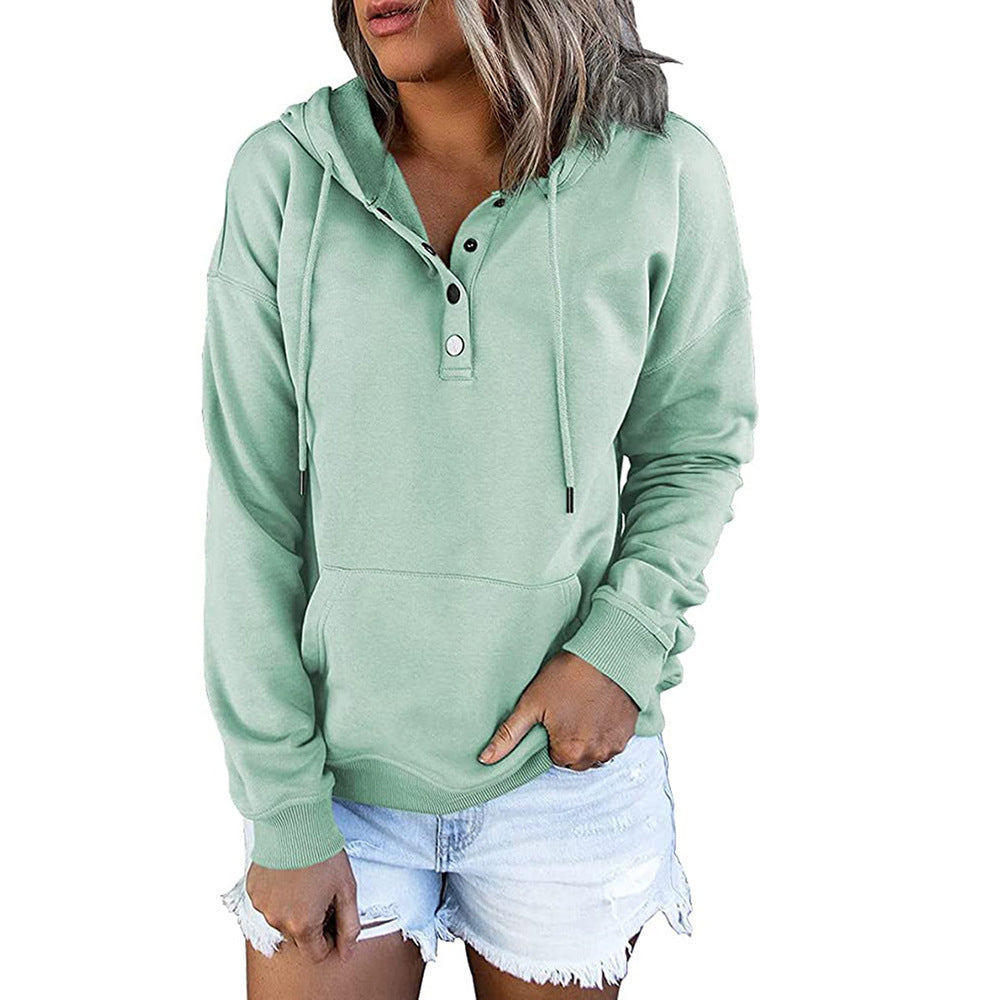 Casual Button Drawstring Design Hoodie Top Spring Sports Clothing For Women