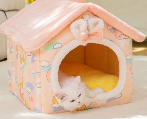 Foldable Warm Pet Bed - Cozy Winter Dog & Cat House with Removable Cushion
