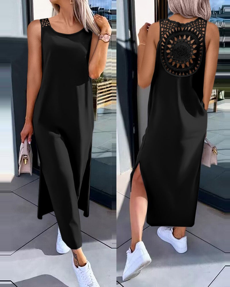 Summer Solid Color Back Hollow Lace Sleeveless Split Dress