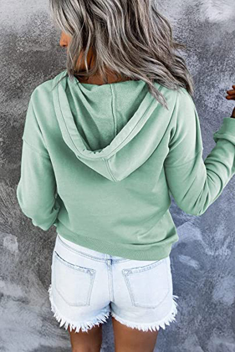Casual Button Drawstring Design Hoodie Top Spring Sports Clothing For Women