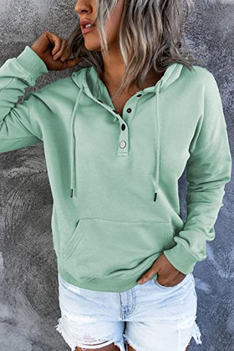 Casual Button Drawstring Design Hoodie Top Spring Sports Clothing For Women