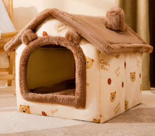 Foldable Warm Pet Bed - Cozy Winter Dog & Cat House with Removable Cushion