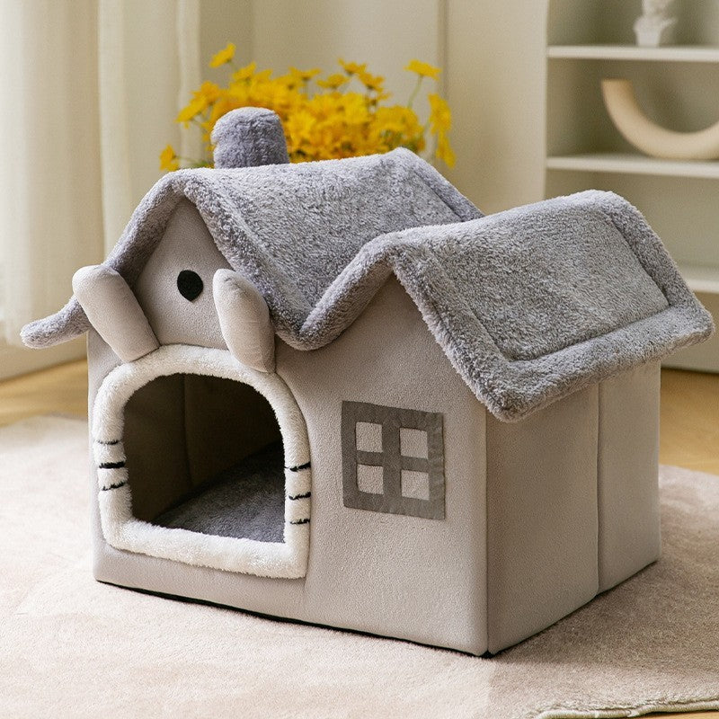 Foldable Warm Pet Bed - Cozy Winter Dog & Cat House with Removable Cushion