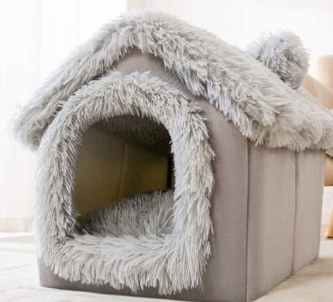 Foldable Warm Pet Bed - Cozy Winter Dog & Cat House with Removable Cushion