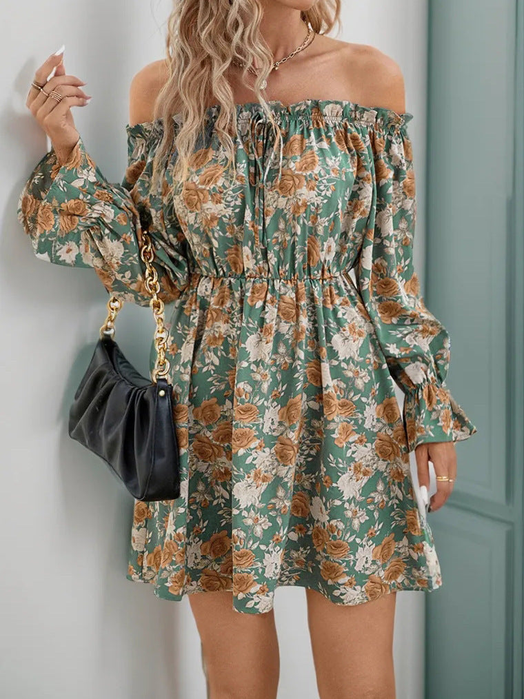 Season V-neck Women's Long-sleeved Printed Dress Off-shoulder Dress