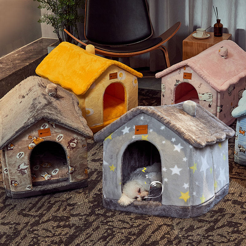 Foldable Warm Pet Bed - Cozy Winter Dog & Cat House with Removable Cushion