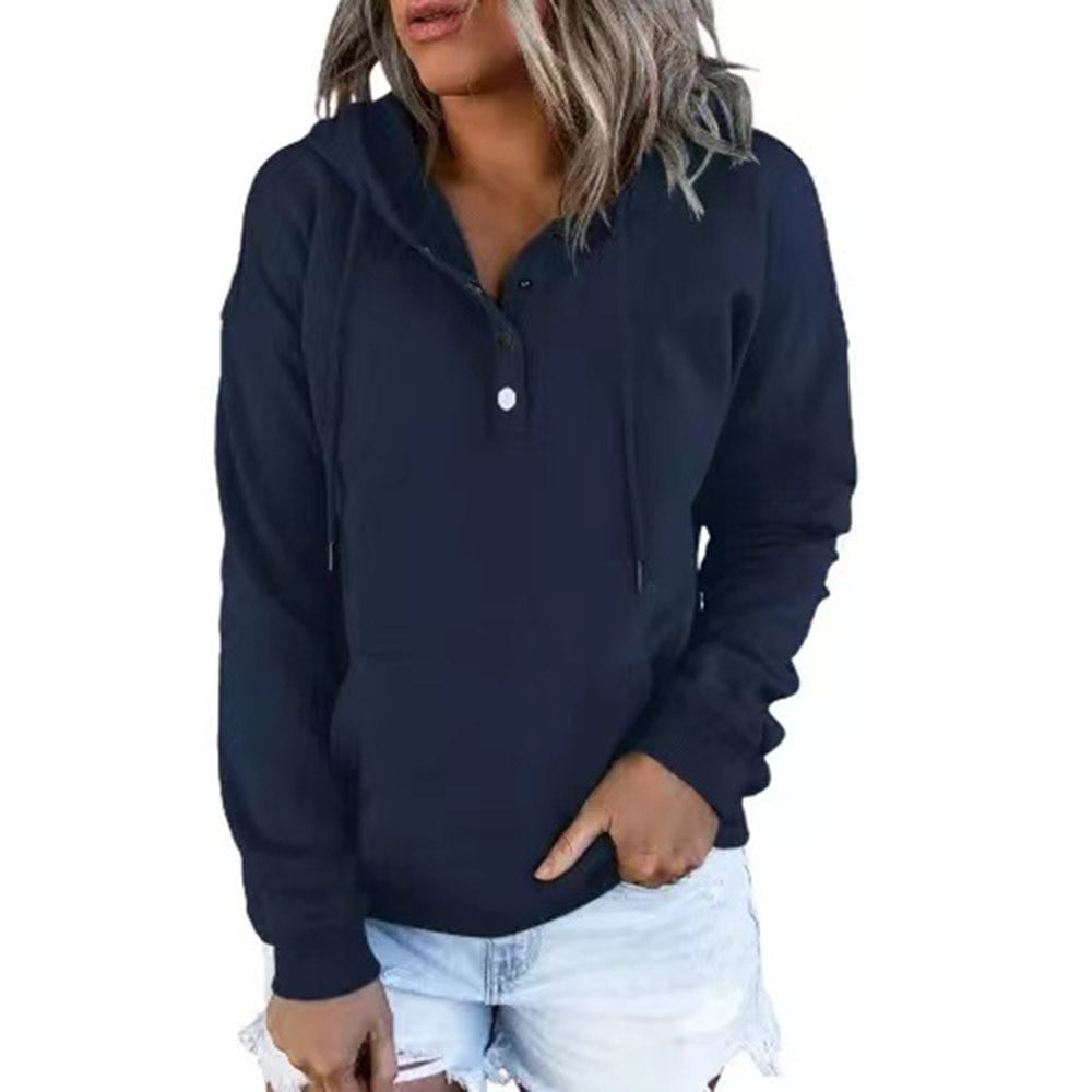 Casual Button Drawstring Design Hoodie Top Spring Sports Clothing For Women