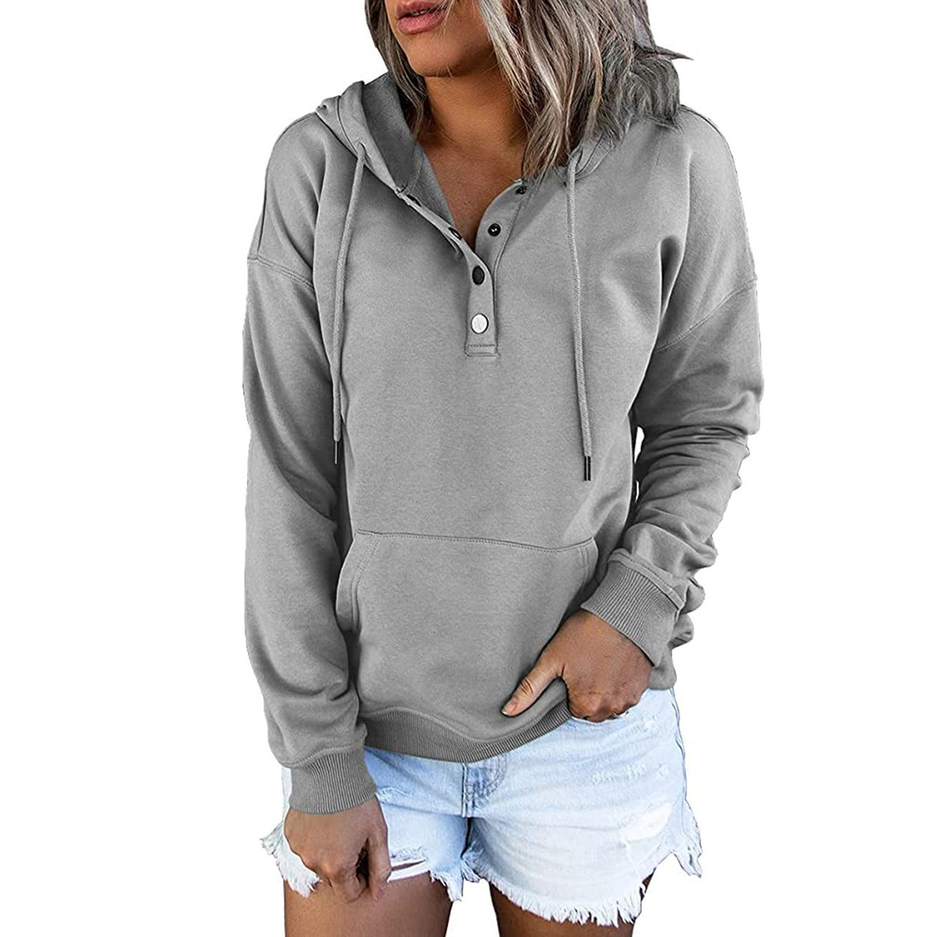 Casual Button Drawstring Design Hoodie Top Spring Sports Clothing For Women