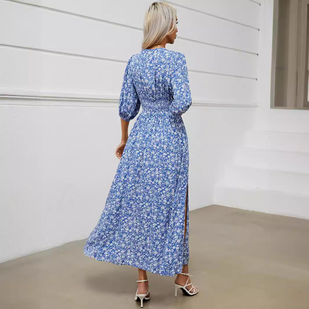 V-neck Lantern Sleeve Waist-tight Dress Seaside Bohemian Style