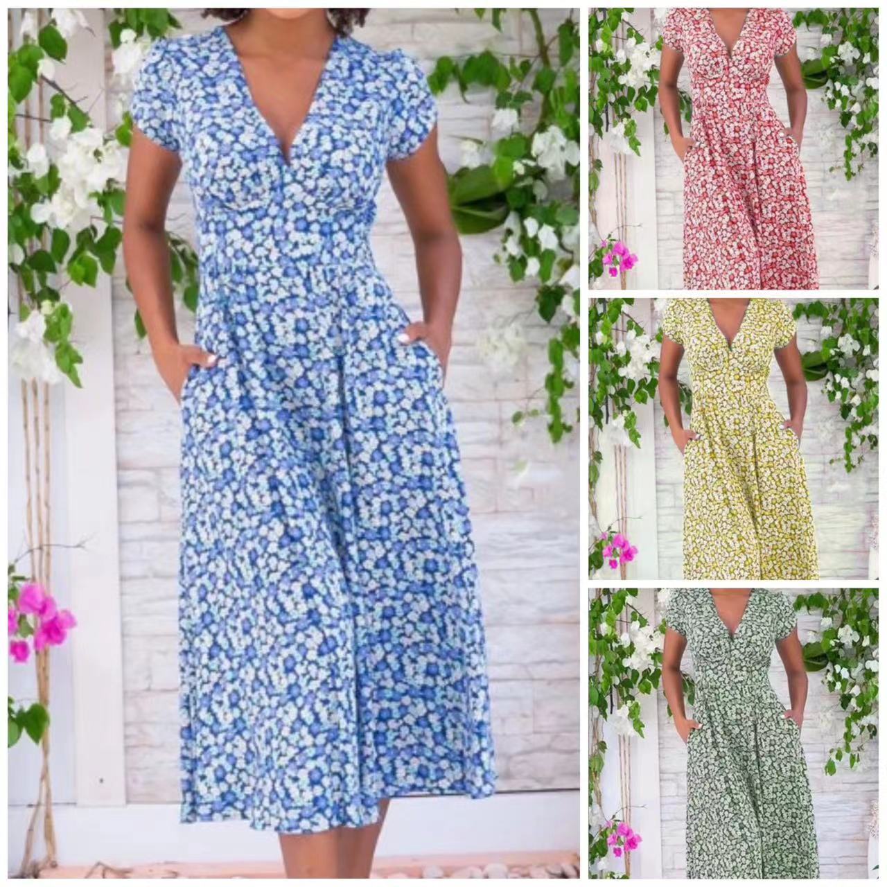 Women's Printed Pocket Bohemian V-neck Dress