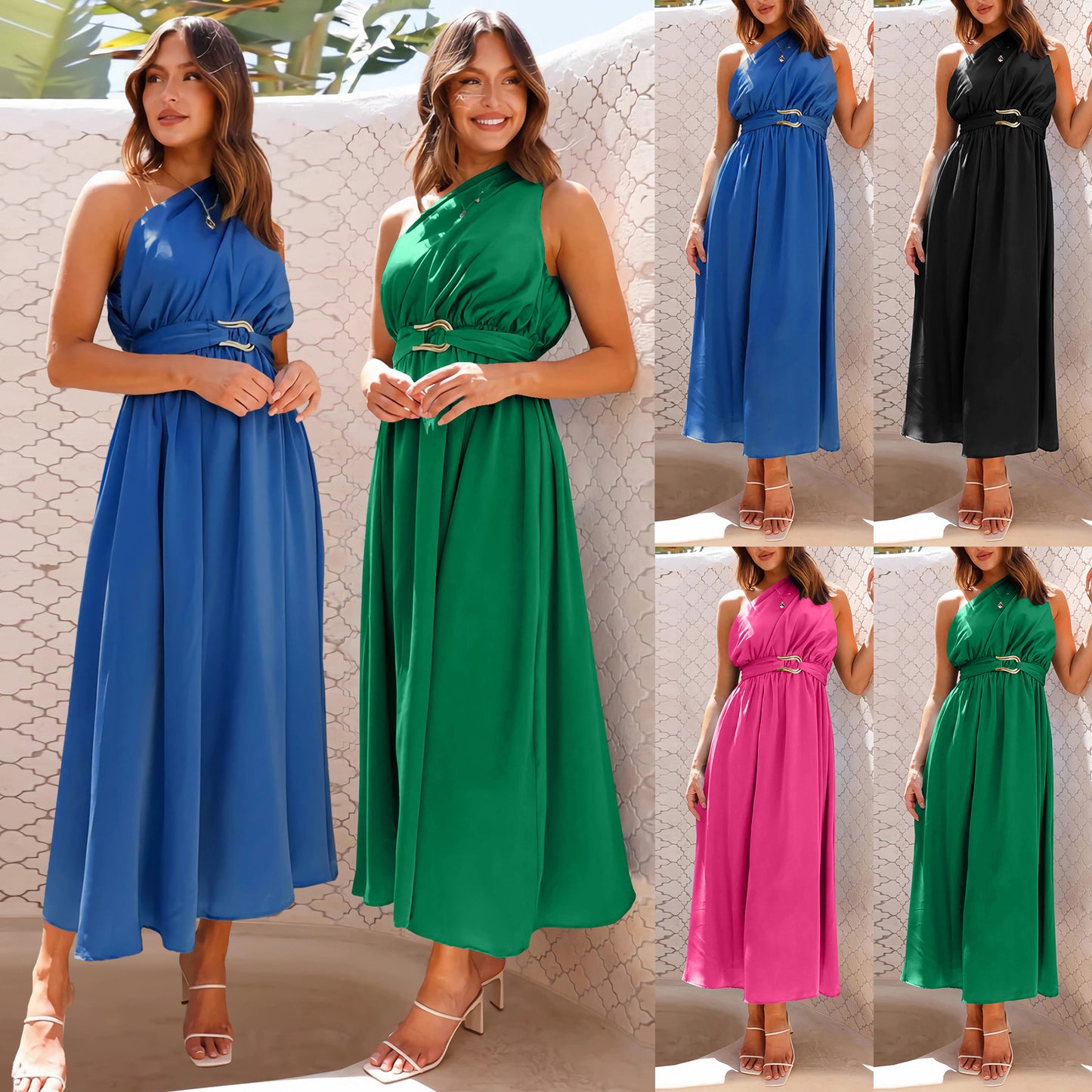 Women's fashionable shoulder solid color dress