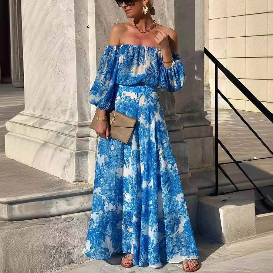 European And American Off-shoulder Printing High Waist Temperament Elegant Dress