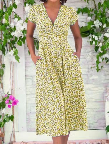 Women's Printed Pocket Bohemian V-neck Dress