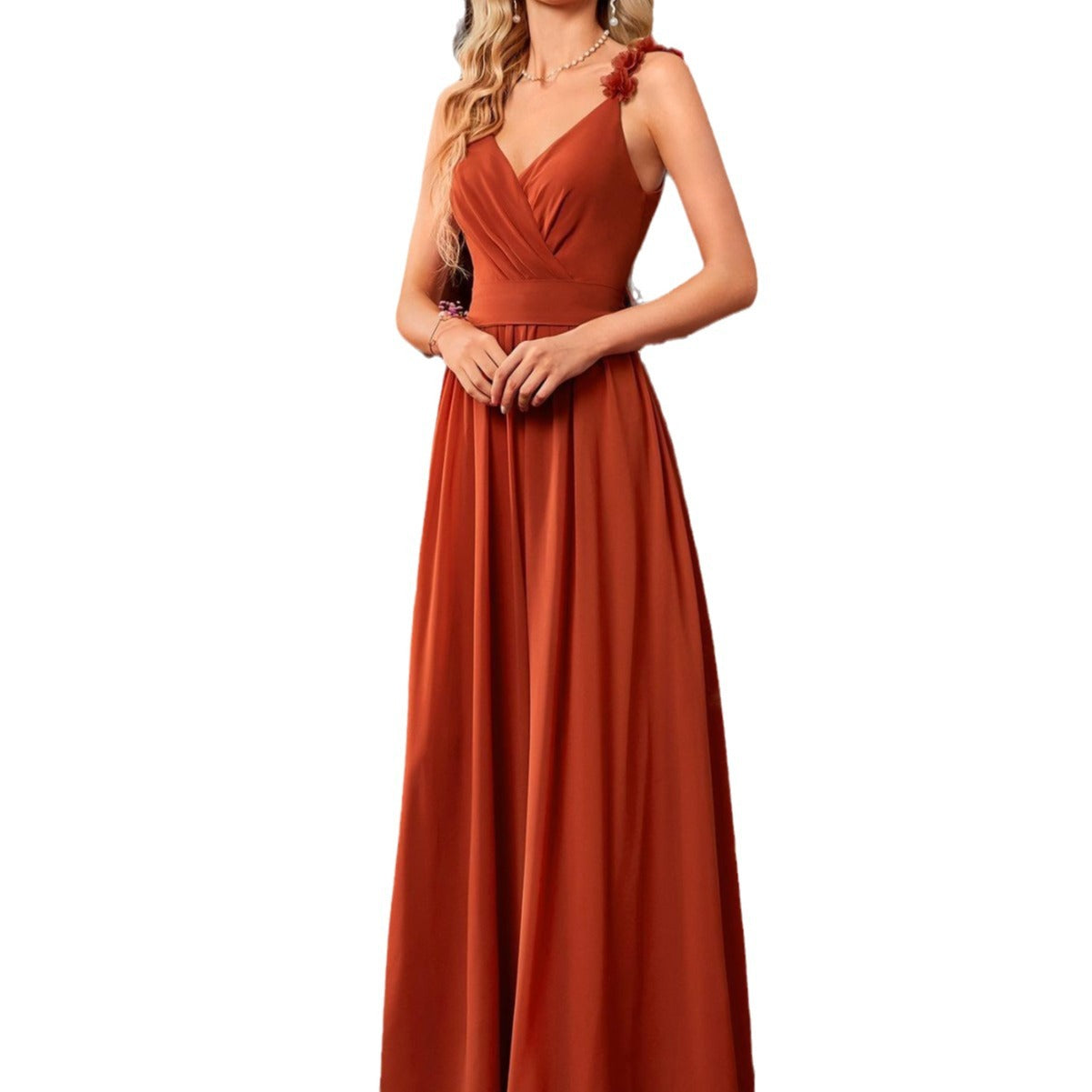 V-neck Strap Evening Dress Lace Pleated Backless