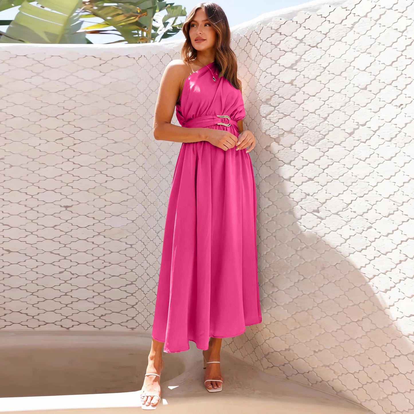 Women's fashionable shoulder solid color dress