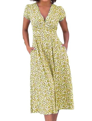 Women's Printed Pocket Bohemian V-neck Dress
