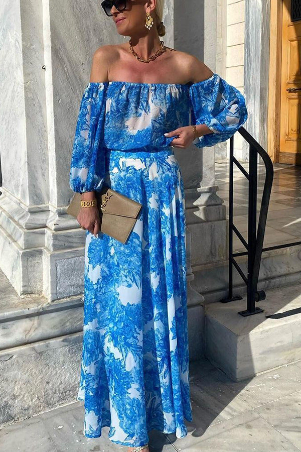 European And American Off-shoulder Printing High Waist Temperament Elegant Dress