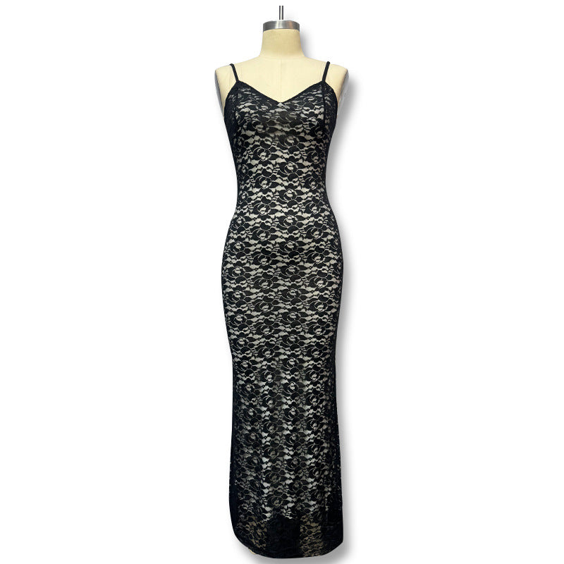 Women's Fashion Solid Color Suspender Lace Splicing See-through Dress