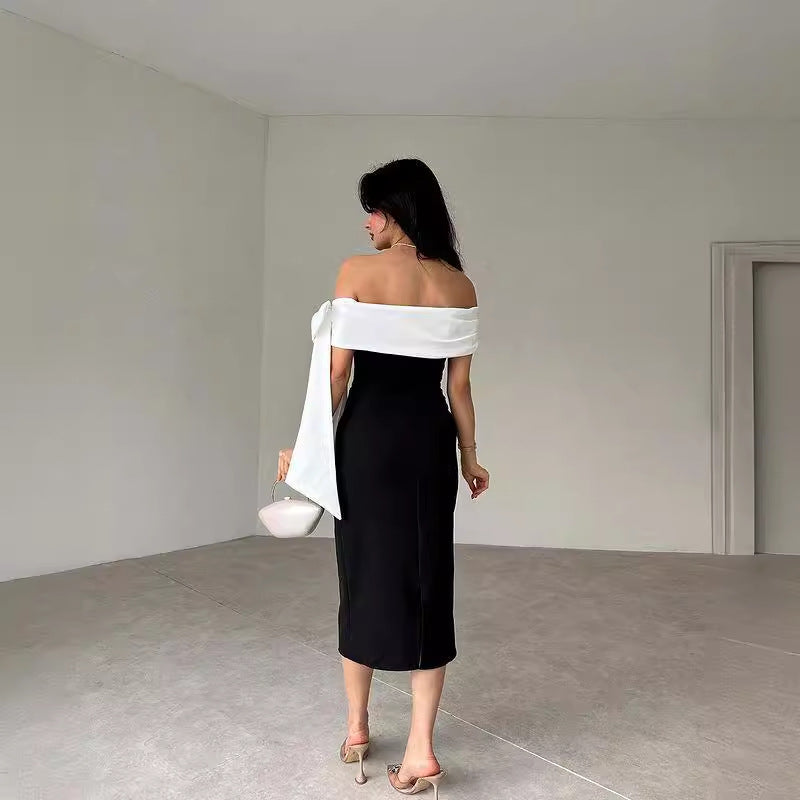 Women's Off-the-shoulder Bowknot Black and White Temperament Cocktail Dress
