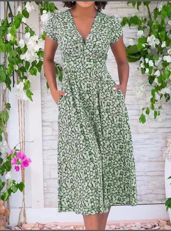 Women's Printed Pocket Bohemian V-neck Dress