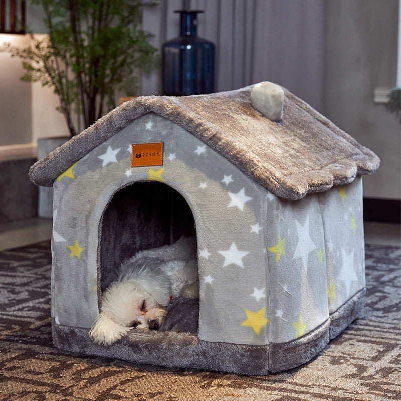 Foldable Warm Pet Bed - Cozy Winter Dog & Cat House with Removable Cushion