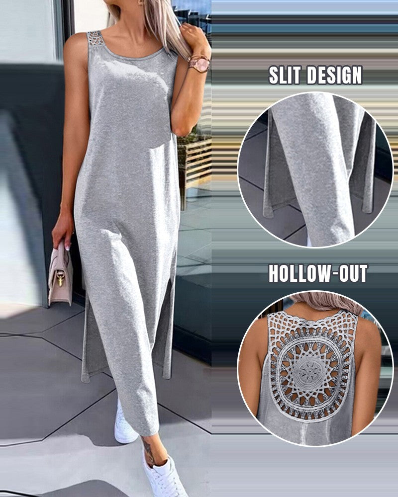 Summer Solid Color Back Hollow Lace Sleeveless Split Dress