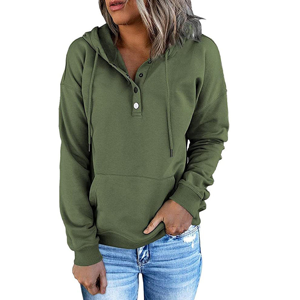 Casual Button Drawstring Design Hoodie Top Spring Sports Clothing For Women