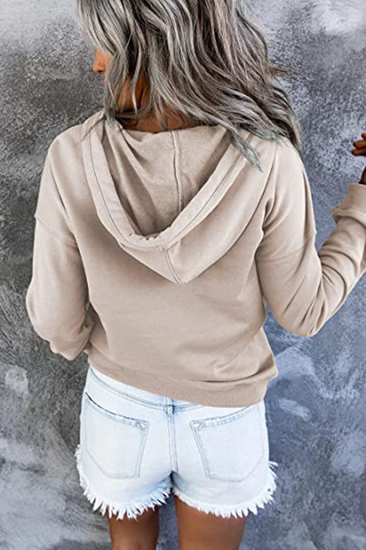 Casual Button Drawstring Design Hoodie Top Spring Sports Clothing For Women