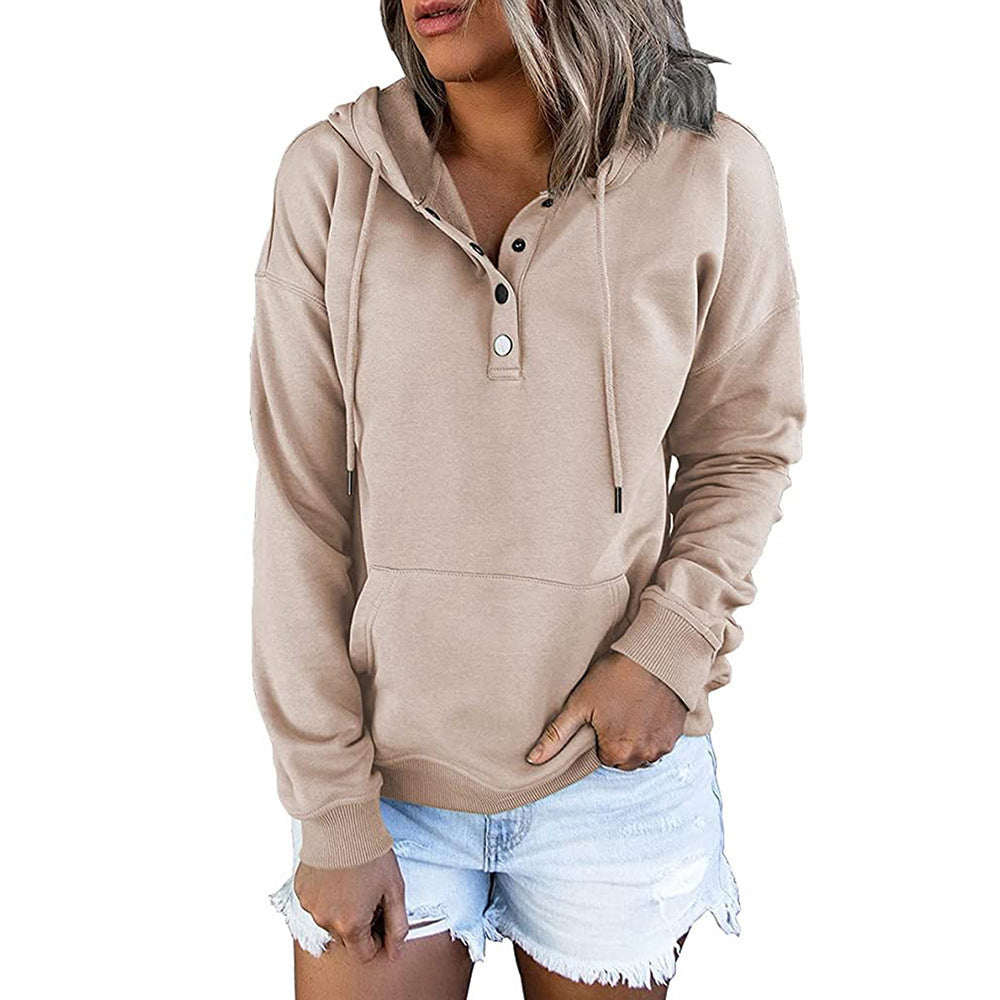 Casual Button Drawstring Design Hoodie Top Spring Sports Clothing For Women