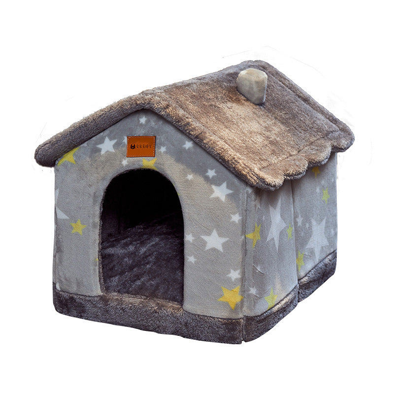 Foldable Warm Pet Bed - Cozy Winter Dog & Cat House with Removable Cushion