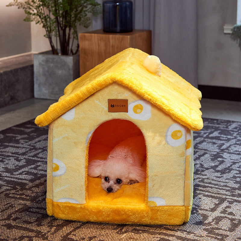 Foldable Warm Pet Bed - Cozy Winter Dog & Cat House with Removable Cushion