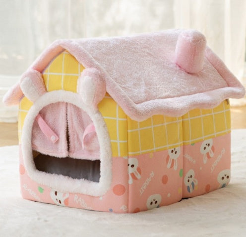 Foldable Warm Pet Bed - Cozy Winter Dog & Cat House with Removable Cushion