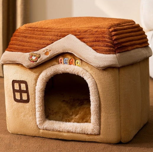 Foldable Warm Pet Bed - Cozy Winter Dog & Cat House with Removable Cushion