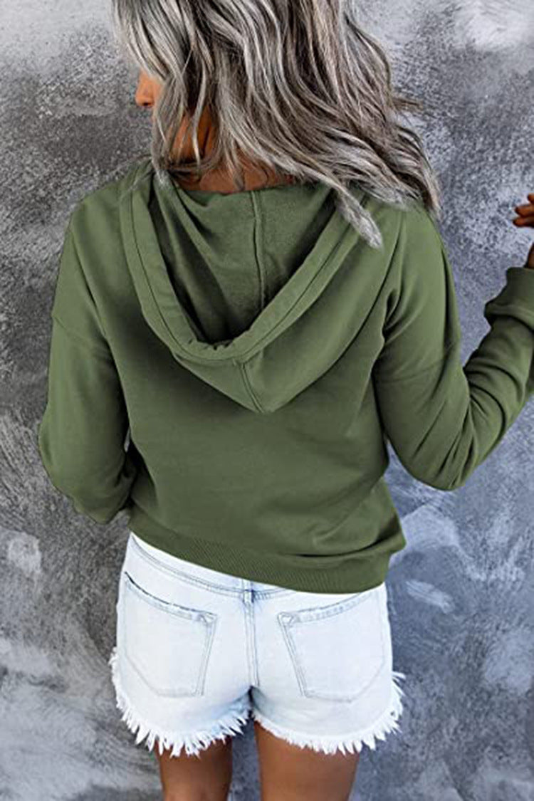Casual Button Drawstring Design Hoodie Top Spring Sports Clothing For Women