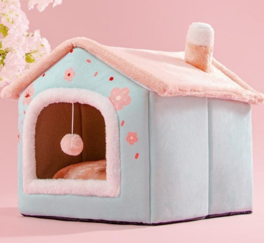Foldable Warm Pet Bed - Cozy Winter Dog & Cat House with Removable Cushion