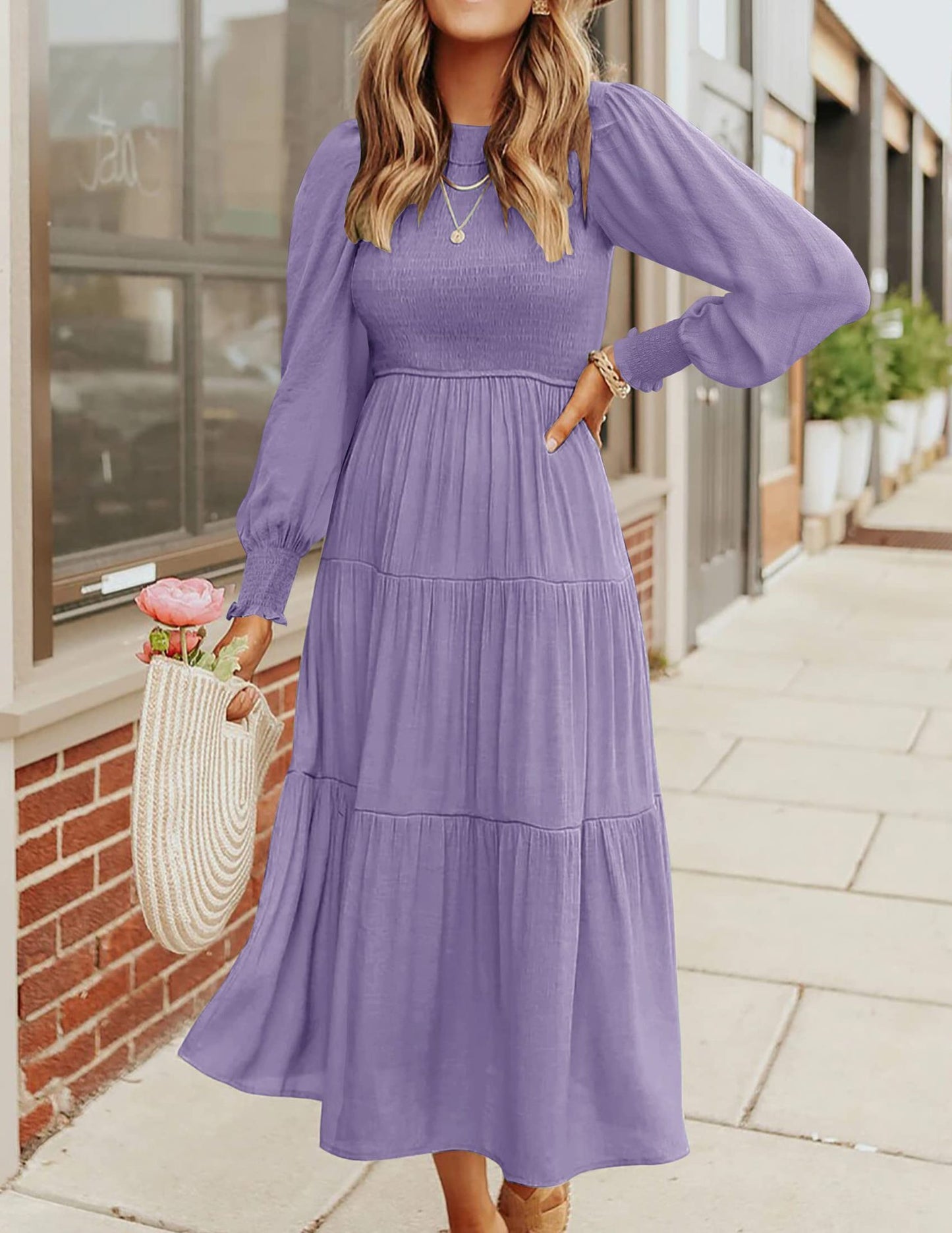 Smocking Pleating Multi-layer Large Swing Dress