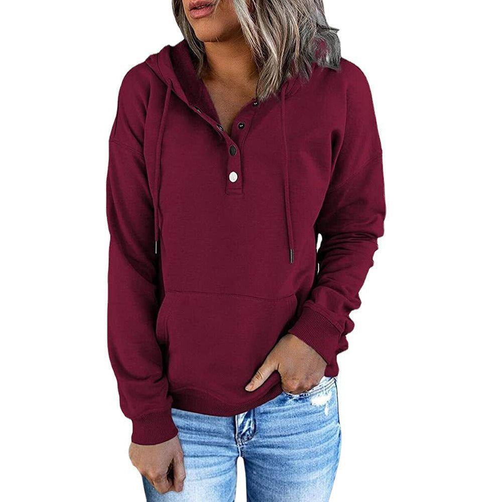Casual Button Drawstring Design Hoodie Top Spring Sports Clothing For Women