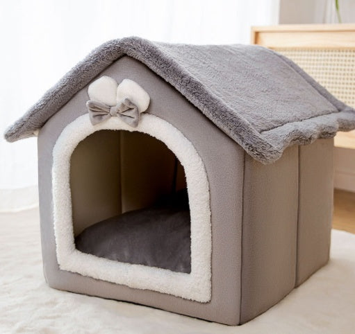 Foldable Warm Pet Bed - Cozy Winter Dog & Cat House with Removable Cushion