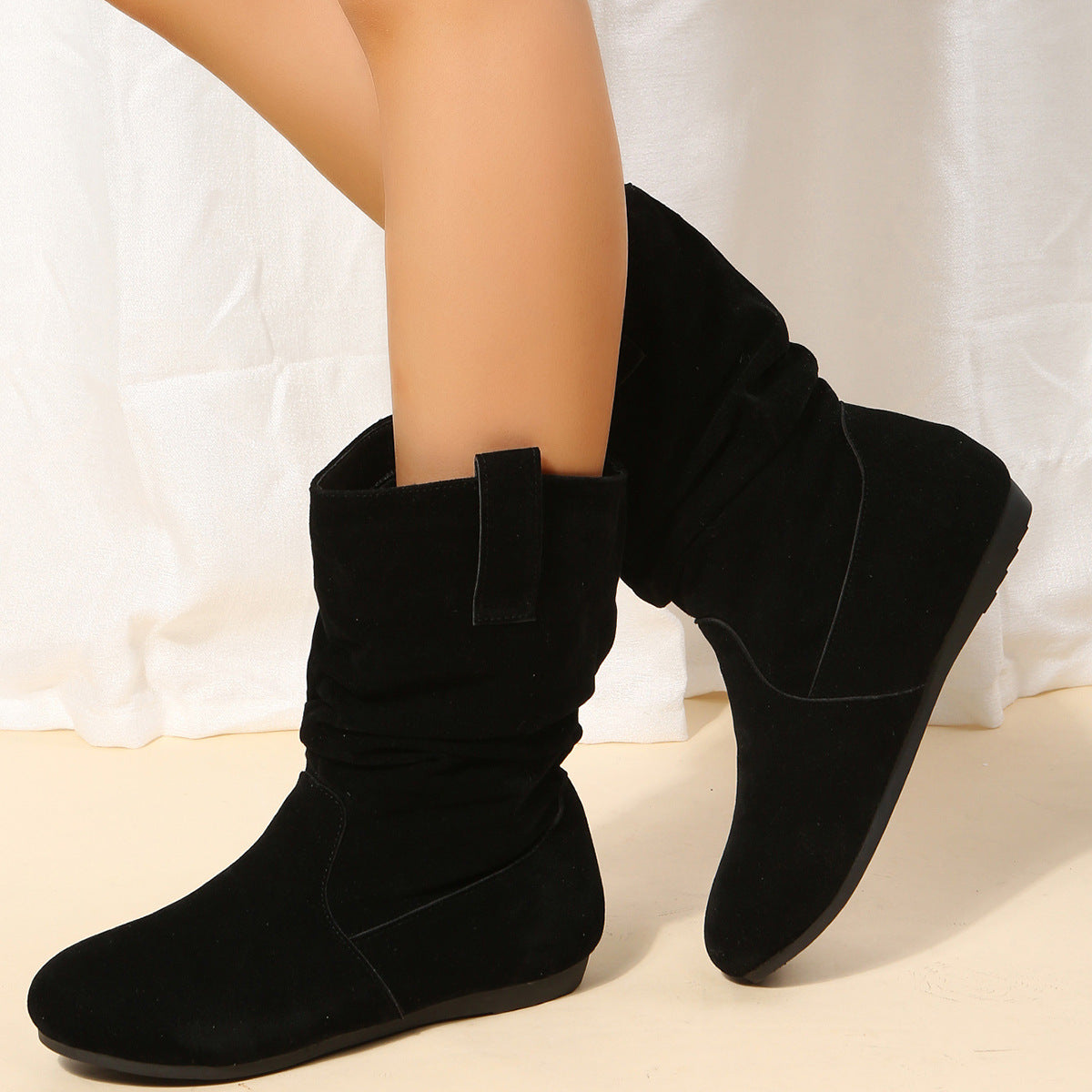 Round Toe Flat Boots Fashion Solid Color Suede Mid-calf Boot Winter Warm Shoes For Women