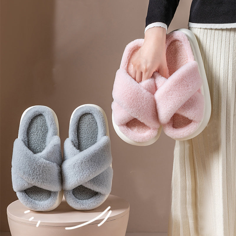 Women's Platform Fuzzy Home Slippers Winter Open Toe Criss-cross Solid Color Casual Floor Slides Indoor Flat Comfy House Shoes