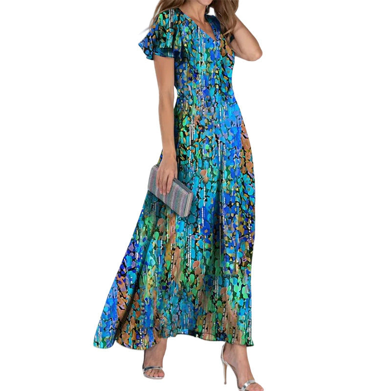 Women's Fashion Large Swing V-neck Short Sleeve Printed Chiffon Dress